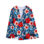 Turquoise Leaves Hibiscus Pattern Print Long Sleeve Short Coat