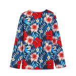 Turquoise Leaves Hibiscus Pattern Print Long Sleeve Short Coat