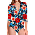Turquoise Leaves Hibiscus Pattern Print Long Sleeve Swimsuit