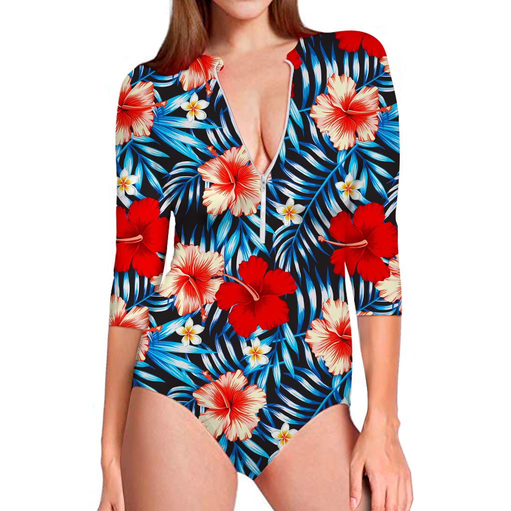 Turquoise Leaves Hibiscus Pattern Print Long Sleeve Swimsuit