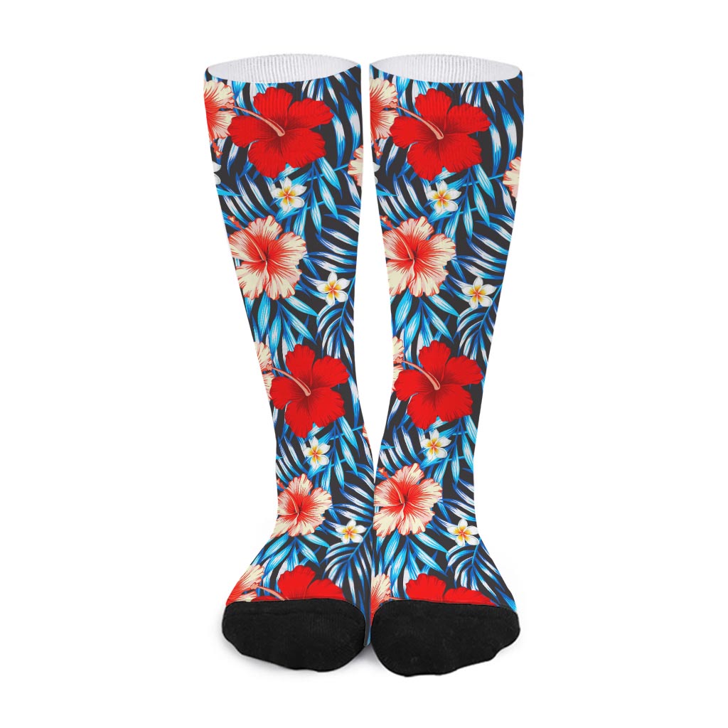 Turquoise Leaves Hibiscus Pattern Print Long Socks
