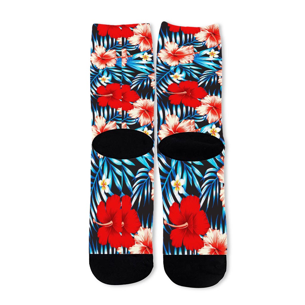 Turquoise Leaves Hibiscus Pattern Print Long Socks