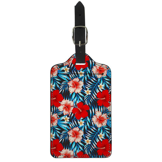 Turquoise Leaves Hibiscus Pattern Print Luggage Tag