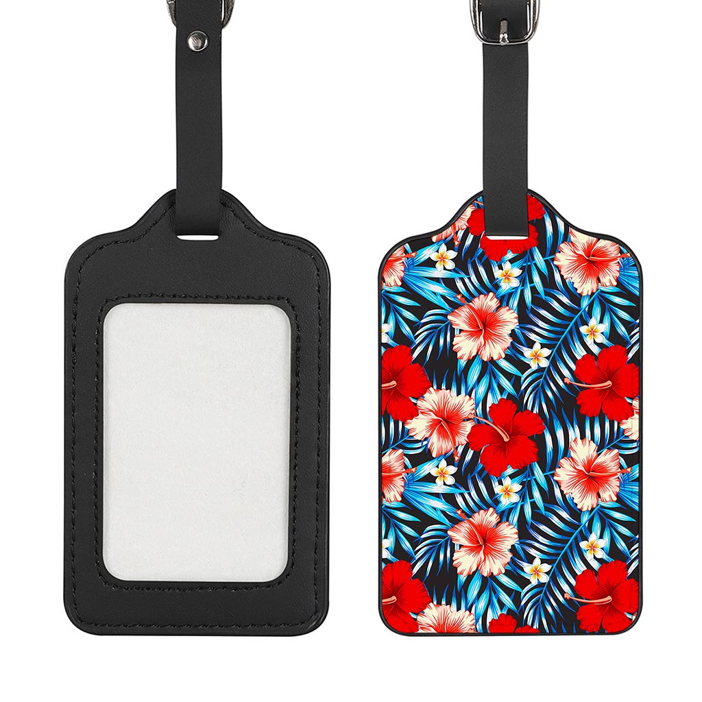 Turquoise Leaves Hibiscus Pattern Print Luggage Tag