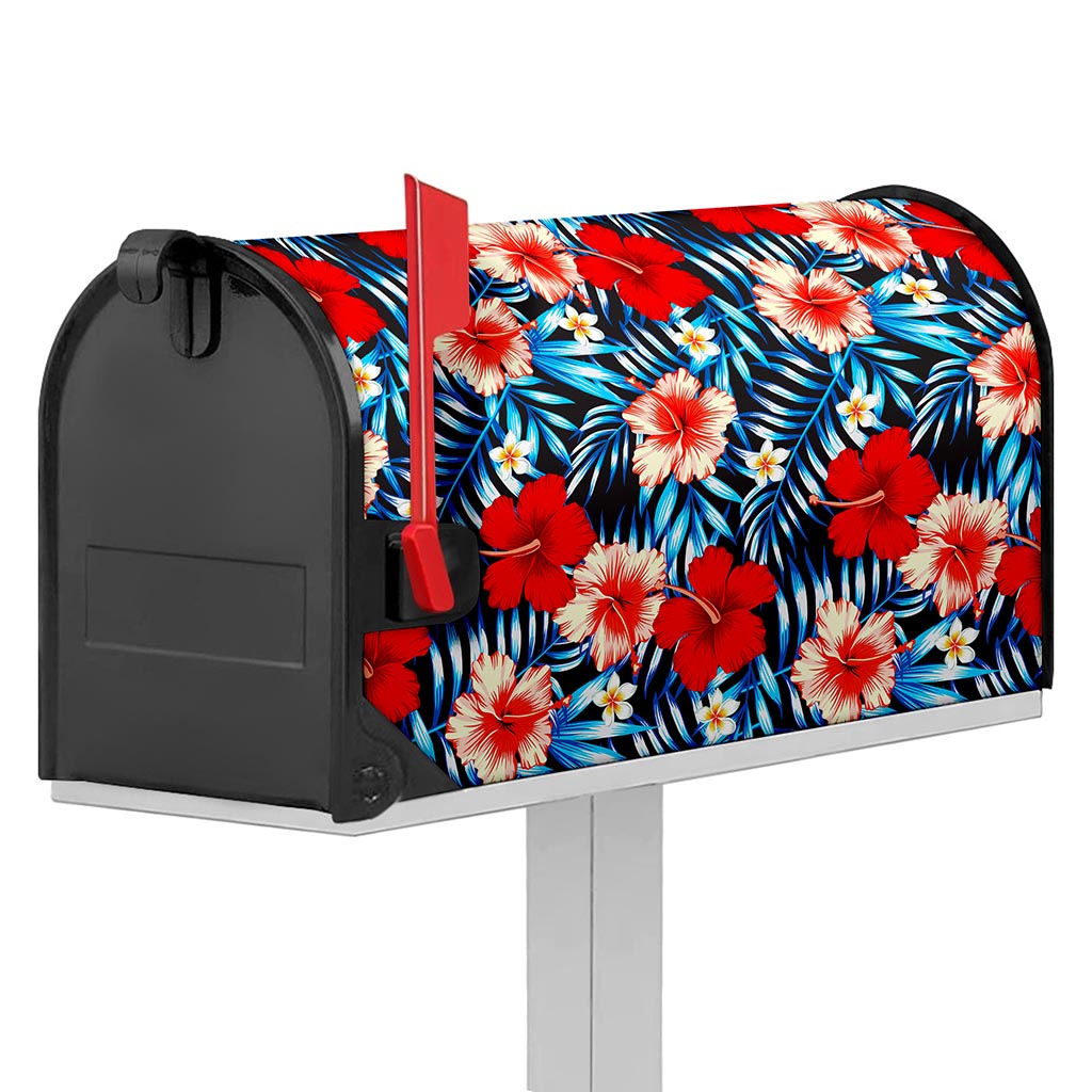 Turquoise Leaves Hibiscus Pattern Print Mailbox Cover