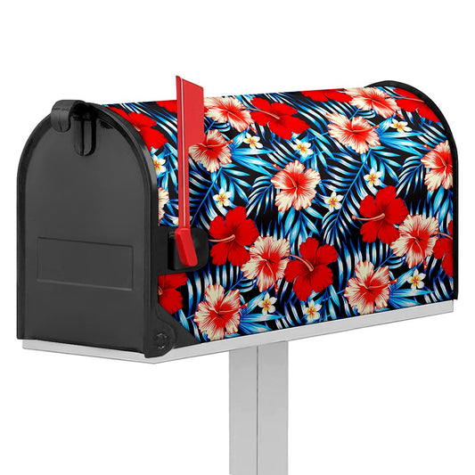 Turquoise Leaves Hibiscus Pattern Print Mailbox Cover