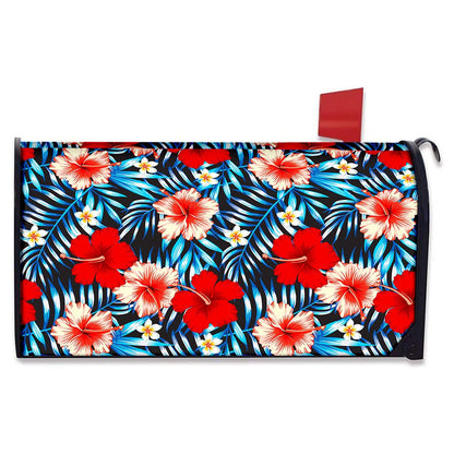 Turquoise Leaves Hibiscus Pattern Print Mailbox Cover