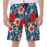 Turquoise Leaves Hibiscus Pattern Print Men's Beach Shorts