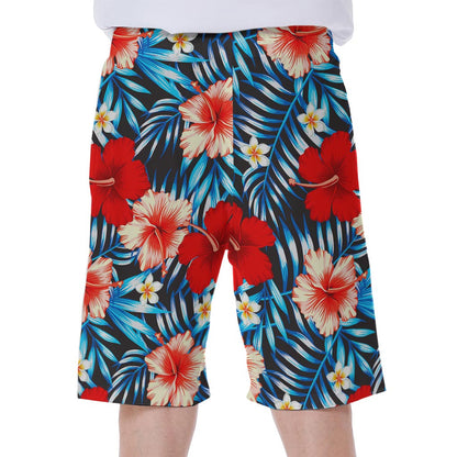 Turquoise Leaves Hibiscus Pattern Print Men's Beach Shorts