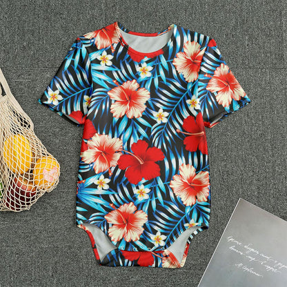 Turquoise Leaves Hibiscus Pattern Print Men's Bodysuit