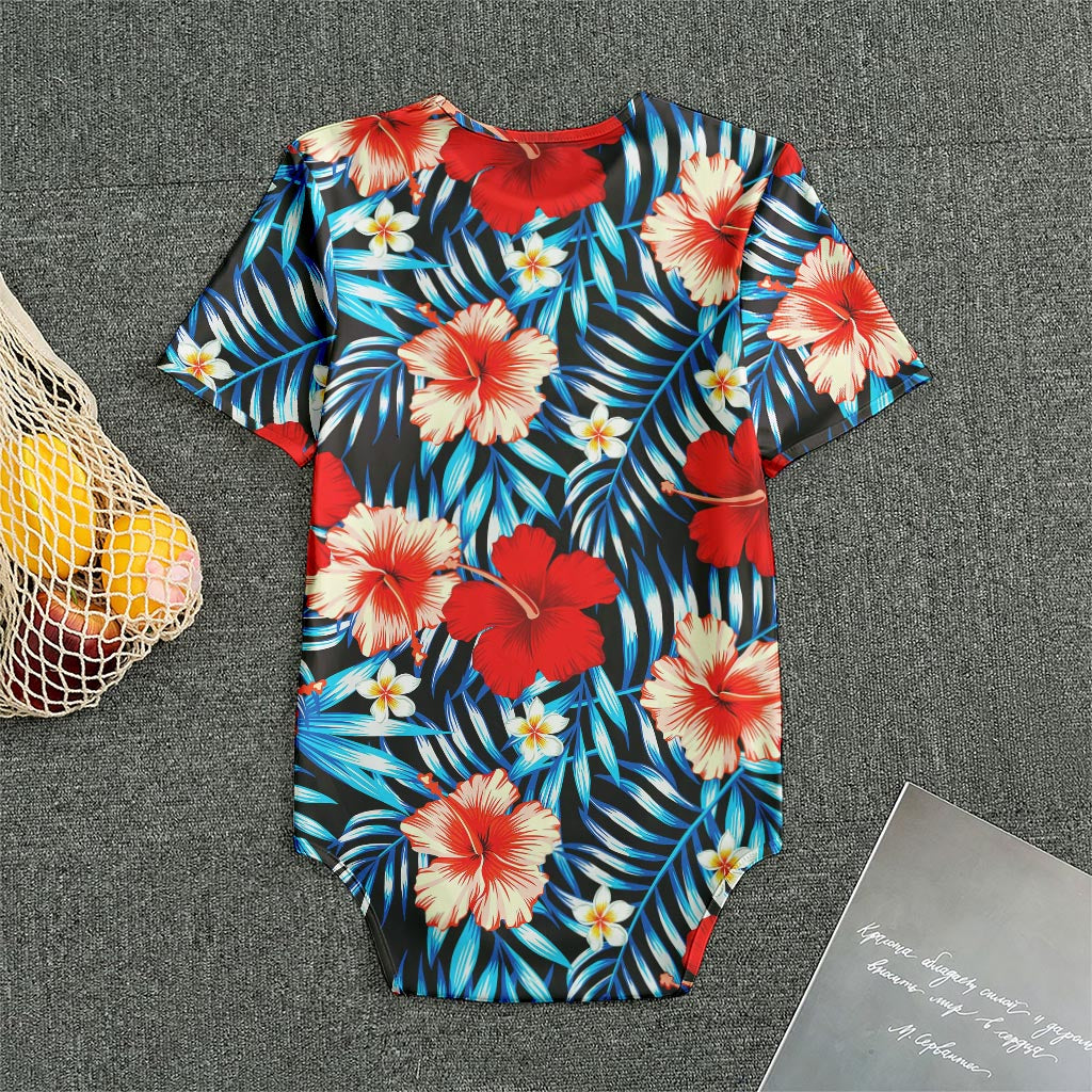 Turquoise Leaves Hibiscus Pattern Print Men's Bodysuit