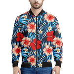 Turquoise Leaves Hibiscus Pattern Print Men's Bomber Jacket