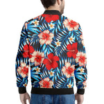 Turquoise Leaves Hibiscus Pattern Print Men's Bomber Jacket