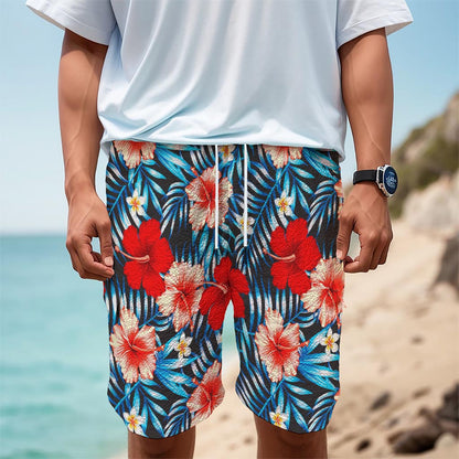 Turquoise Leaves Hibiscus Pattern Print Men's Cargo Shorts