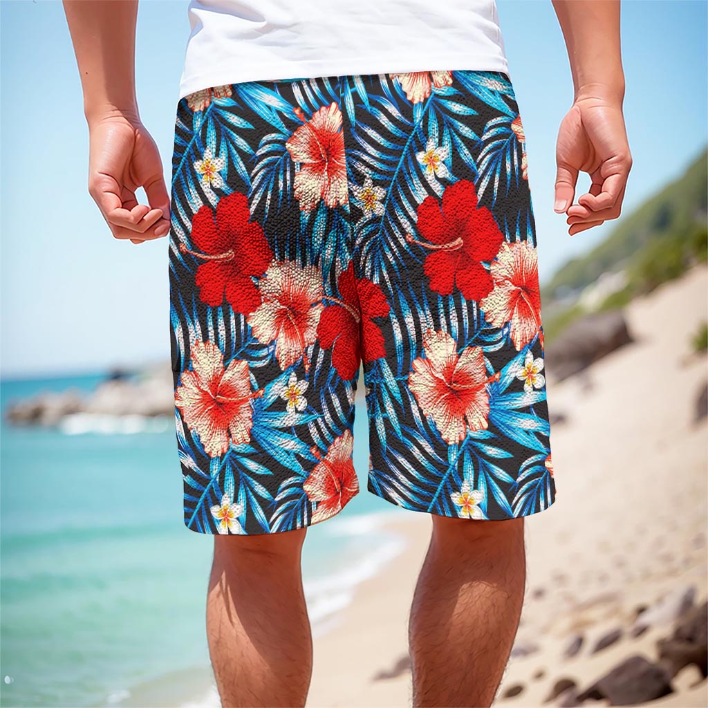 Turquoise Leaves Hibiscus Pattern Print Men's Cargo Shorts