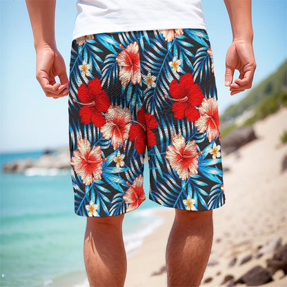 Turquoise Leaves Hibiscus Pattern Print Men's Cargo Shorts