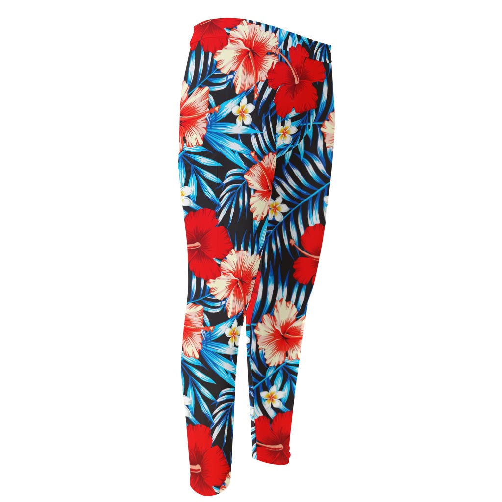 Turquoise Leaves Hibiscus Pattern Print Men's Compression Pants
