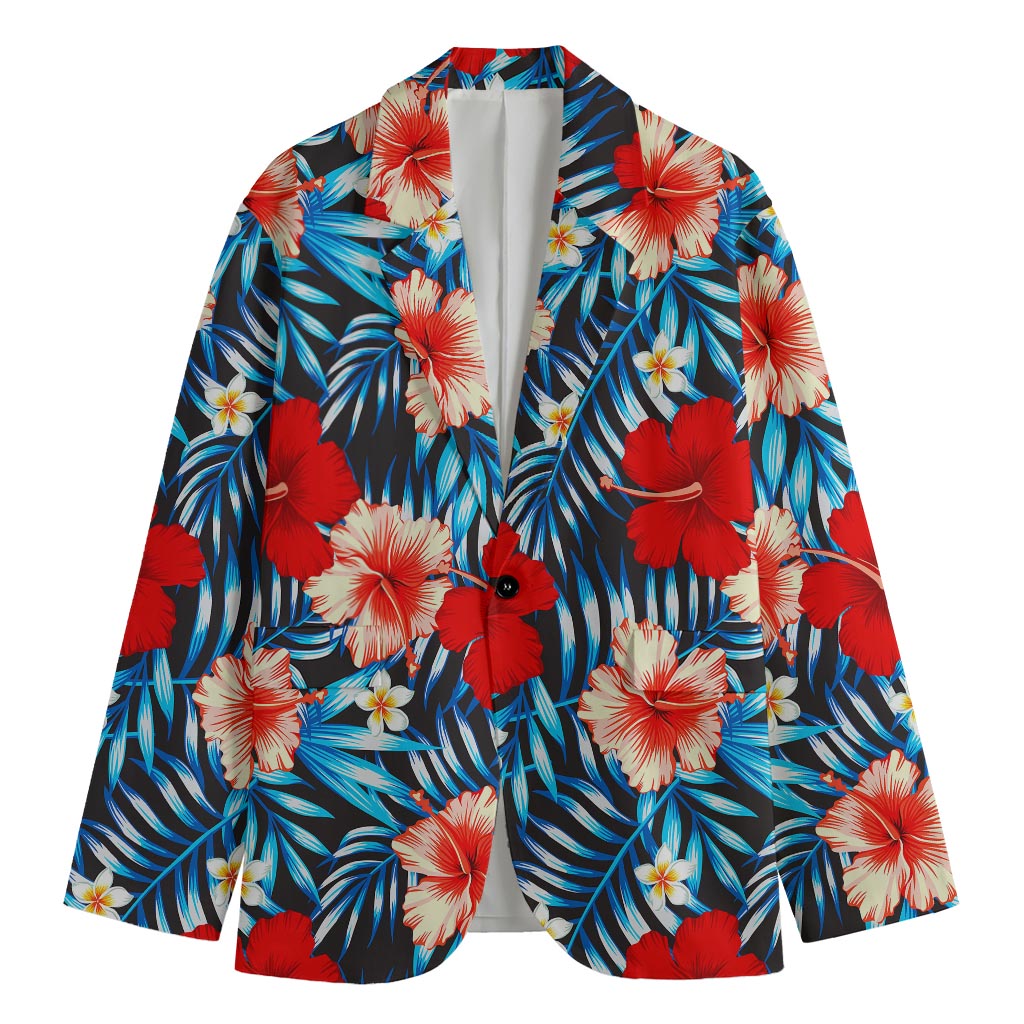 Turquoise Leaves Hibiscus Pattern Print Men's Cotton Blazer