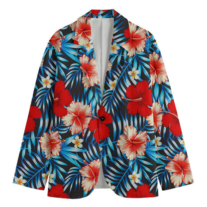 Turquoise Leaves Hibiscus Pattern Print Men's Cotton Blazer