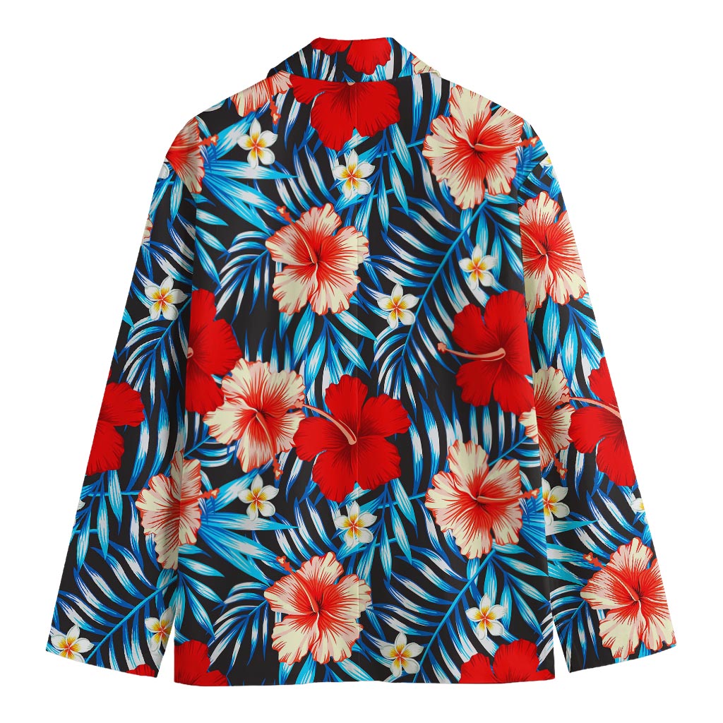 Turquoise Leaves Hibiscus Pattern Print Men's Cotton Blazer
