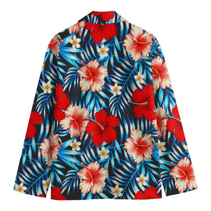 Turquoise Leaves Hibiscus Pattern Print Men's Cotton Blazer