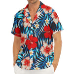 Turquoise Leaves Hibiscus Pattern Print Men's Deep V-Neck Shirt