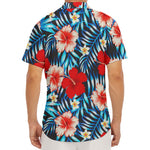 Turquoise Leaves Hibiscus Pattern Print Men's Deep V-Neck Shirt