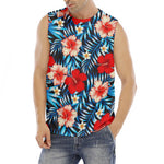 Turquoise Leaves Hibiscus Pattern Print Men's Fitness Tank Top