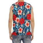 Turquoise Leaves Hibiscus Pattern Print Men's Fitness Tank Top