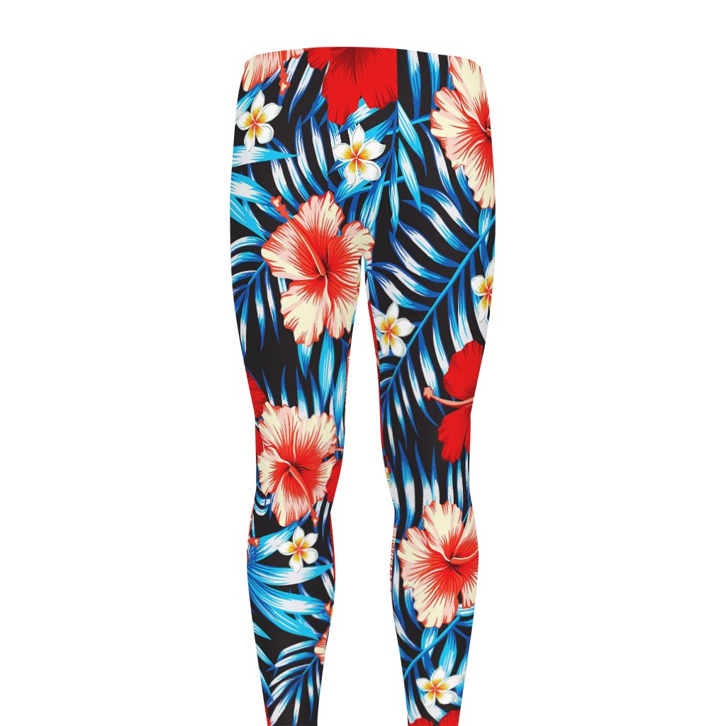 Turquoise Leaves Hibiscus Pattern Print Men's leggings