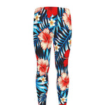 Turquoise Leaves Hibiscus Pattern Print Men's leggings