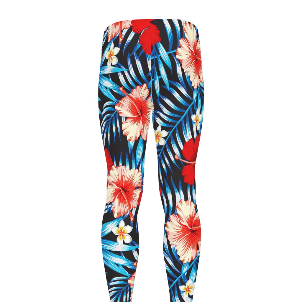 Turquoise Leaves Hibiscus Pattern Print Men's leggings