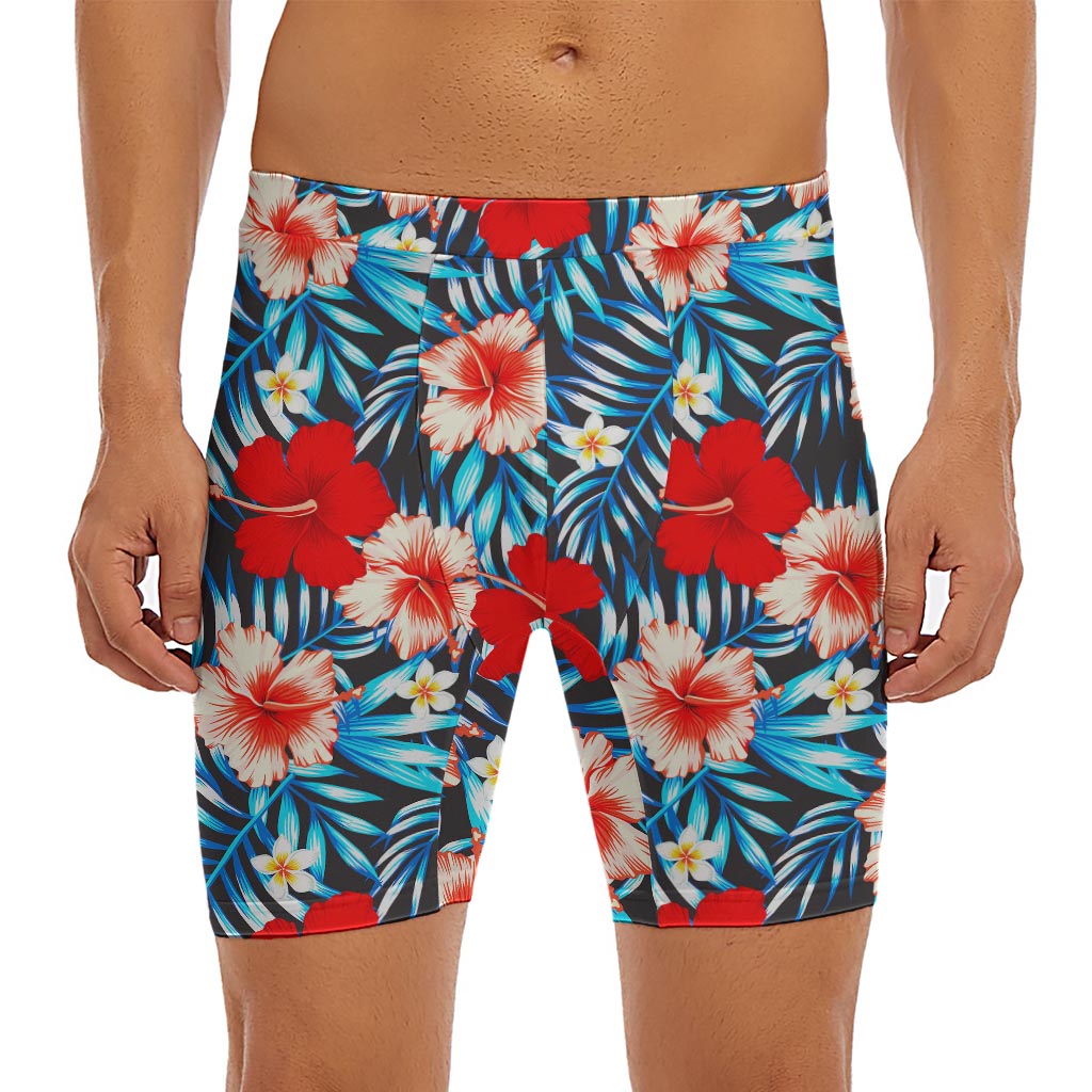 Turquoise Leaves Hibiscus Pattern Print Men's Long Boxer Briefs