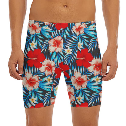 Turquoise Leaves Hibiscus Pattern Print Men's Long Boxer Briefs