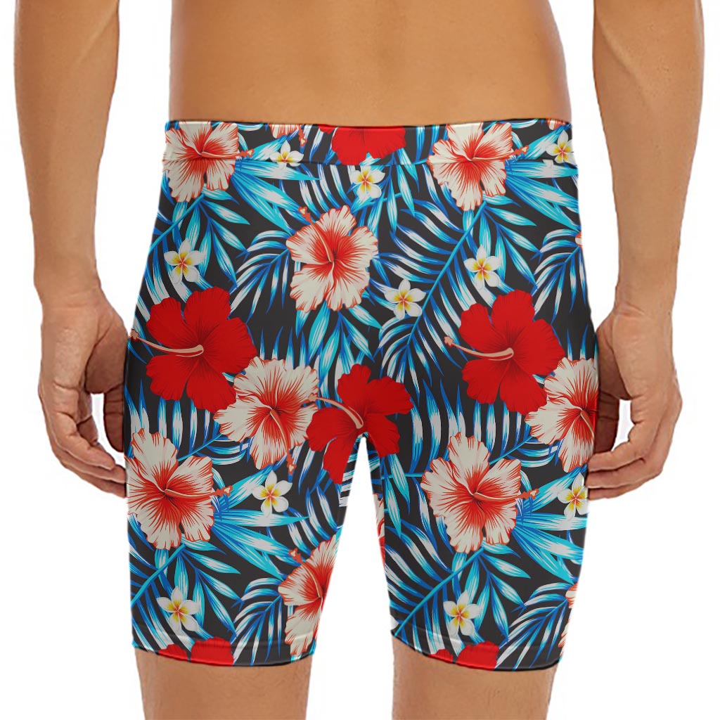 Turquoise Leaves Hibiscus Pattern Print Men's Long Boxer Briefs