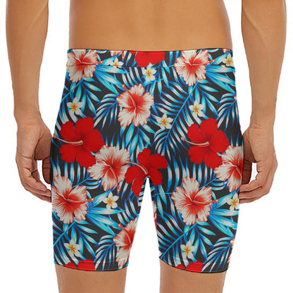 Turquoise Leaves Hibiscus Pattern Print Men's Long Boxer Briefs