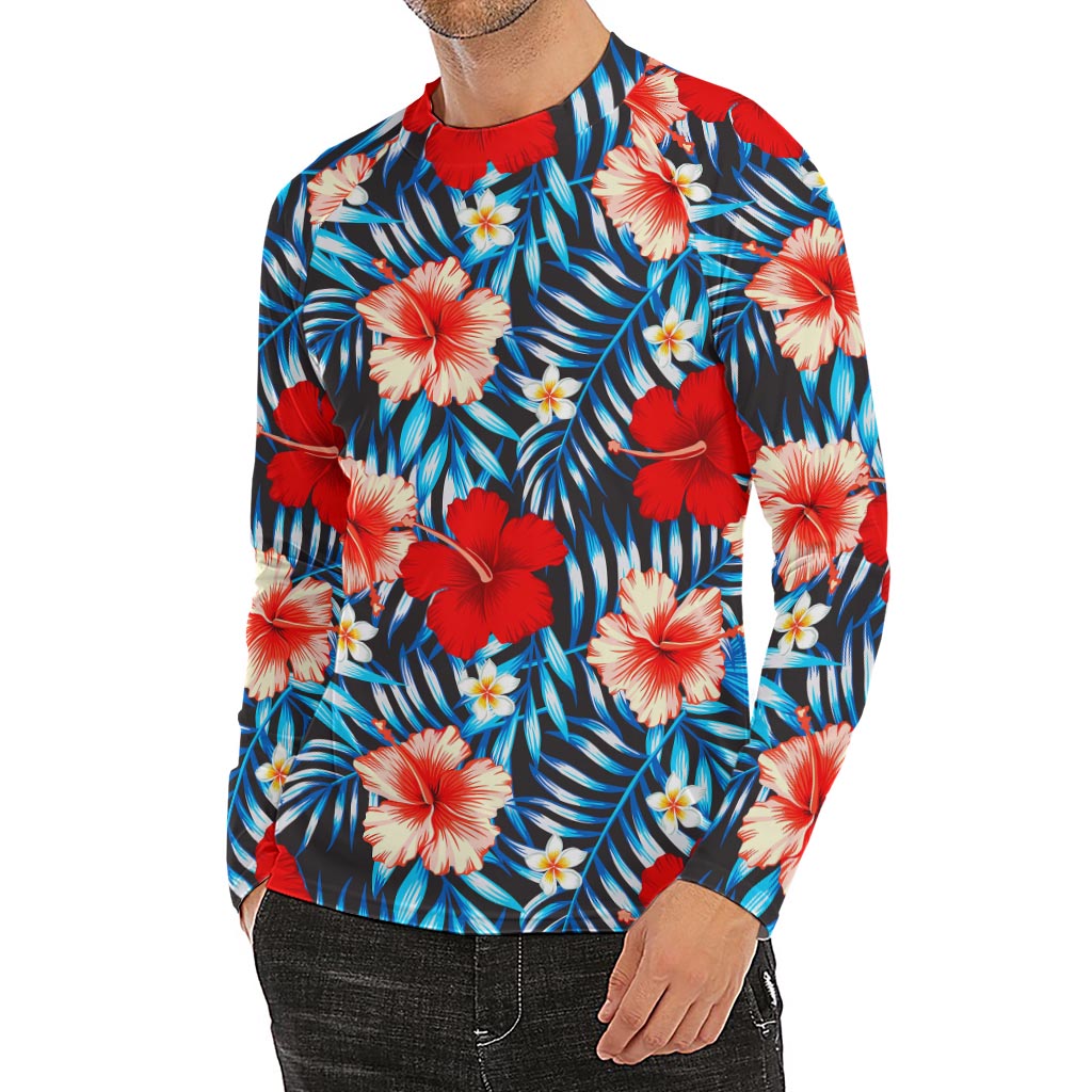 Turquoise Leaves Hibiscus Pattern Print Men's Long Sleeve Rash Guard