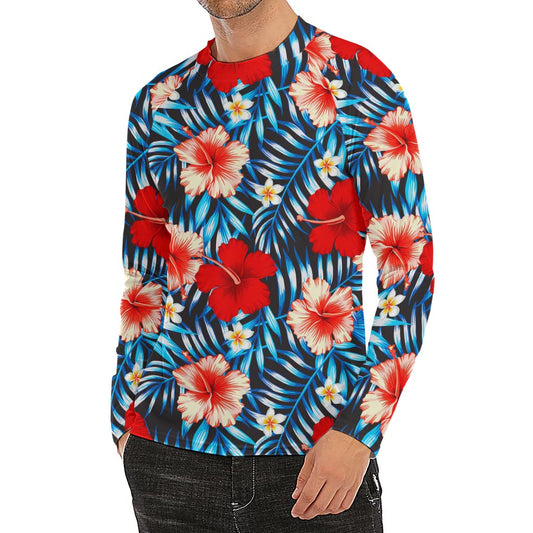 Turquoise Leaves Hibiscus Pattern Print Men's Long Sleeve Rash Guard