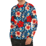 Turquoise Leaves Hibiscus Pattern Print Men's Long Sleeve Rash Guard