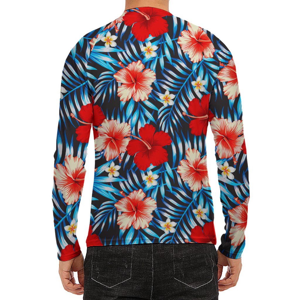 Turquoise Leaves Hibiscus Pattern Print Men's Long Sleeve Rash Guard