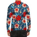 Turquoise Leaves Hibiscus Pattern Print Men's Long Sleeve Rash Guard