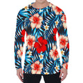 Turquoise Leaves Hibiscus Pattern Print Men's Long Sleeve T-Shirt