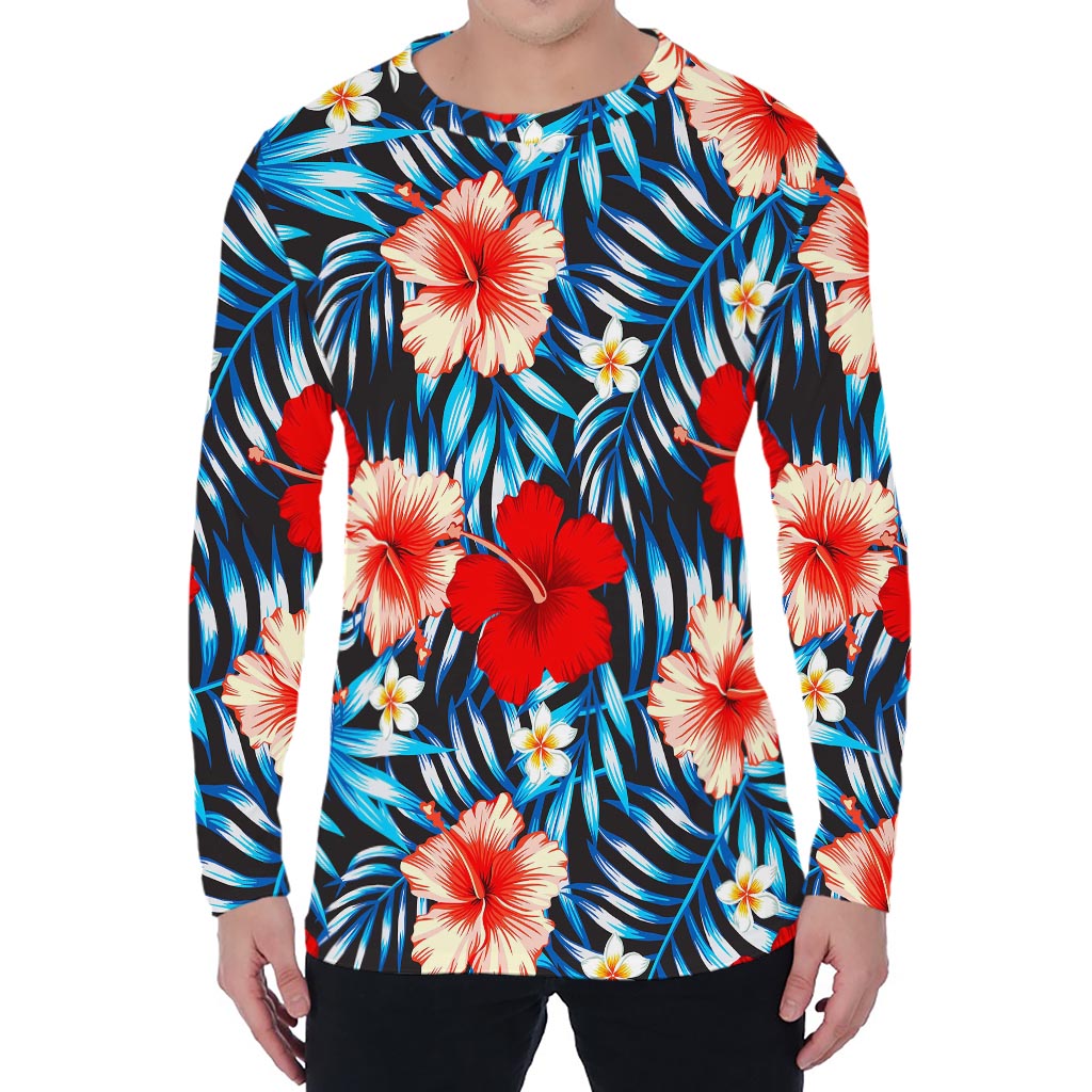 Turquoise Leaves Hibiscus Pattern Print Men's Long Sleeve T-Shirt