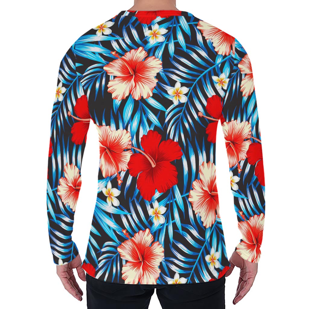 Turquoise Leaves Hibiscus Pattern Print Men's Long Sleeve T-Shirt