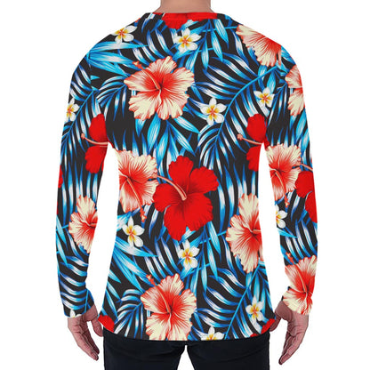 Turquoise Leaves Hibiscus Pattern Print Men's Long Sleeve T-Shirt