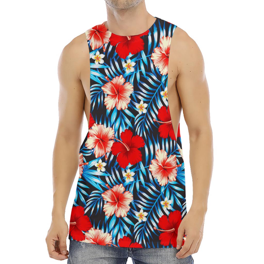 Turquoise Leaves Hibiscus Pattern Print Men's Muscle Tank Top