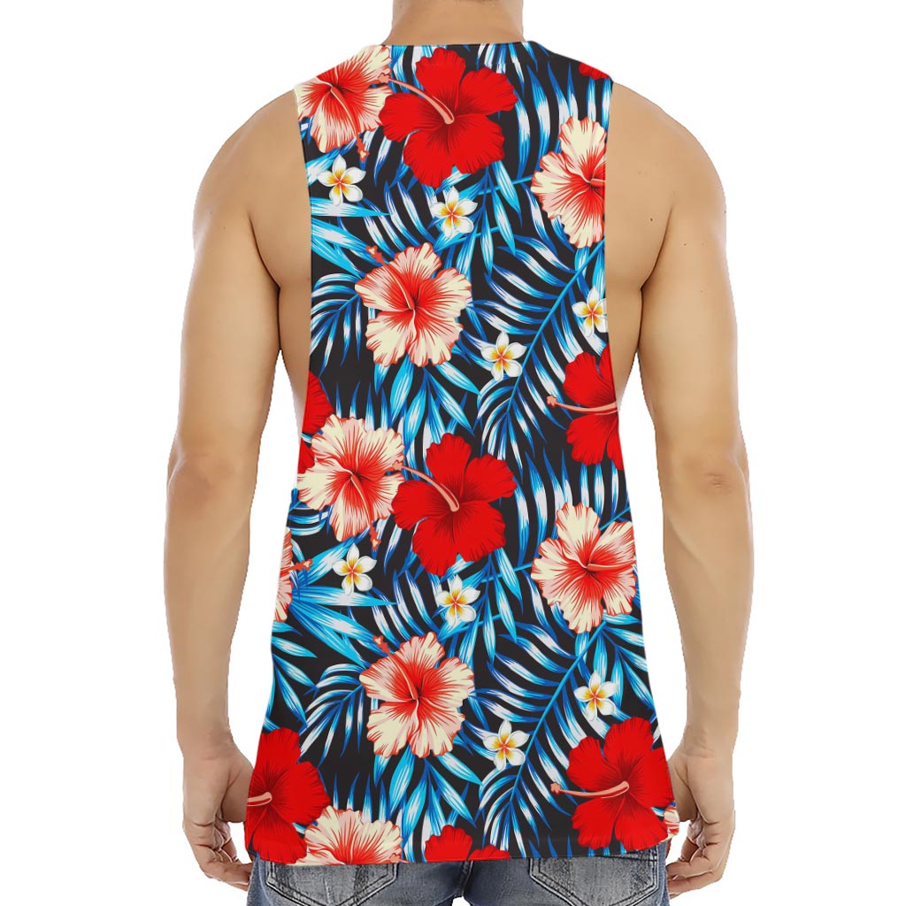 Turquoise Leaves Hibiscus Pattern Print Men's Muscle Tank Top
