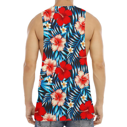 Turquoise Leaves Hibiscus Pattern Print Men's Muscle Tank Top
