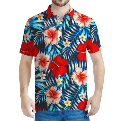 Turquoise Leaves Hibiscus Pattern Print Men's Polo Shirt