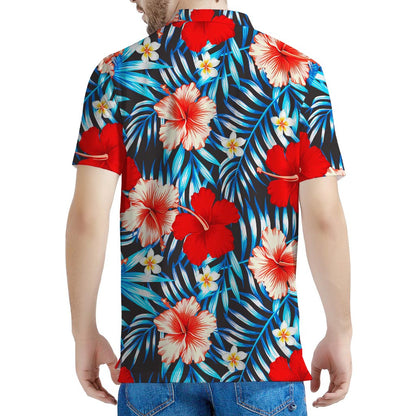 Turquoise Leaves Hibiscus Pattern Print Men's Polo Shirt